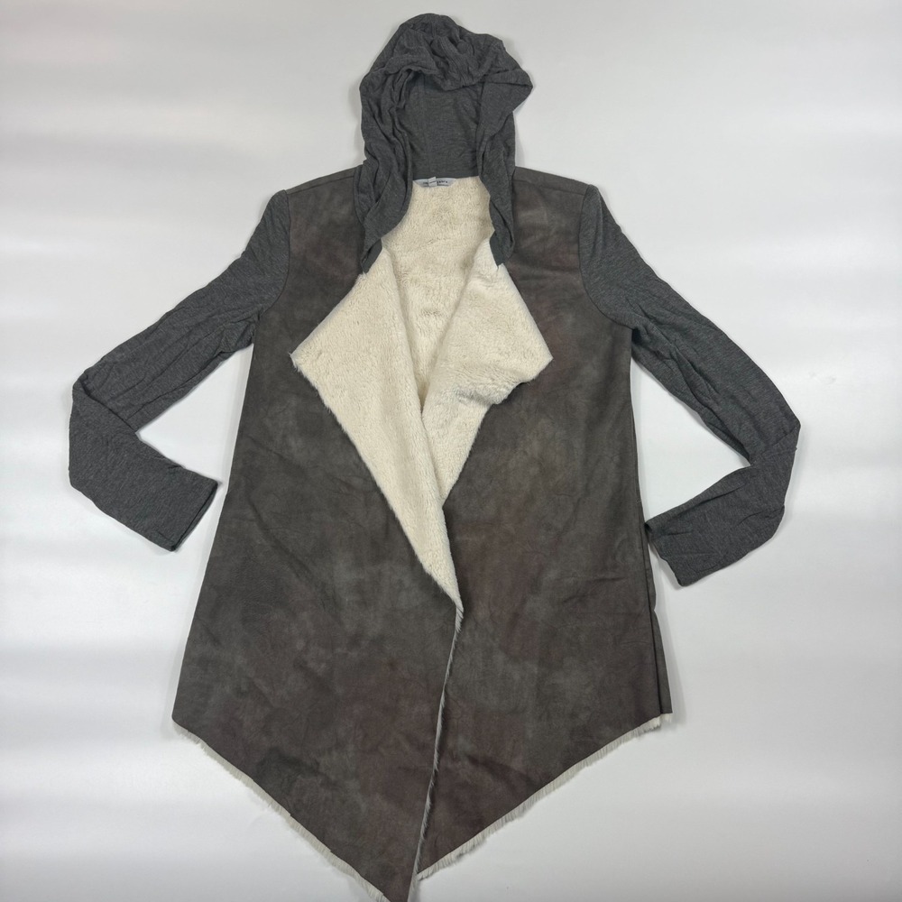 Naked Zebra Hood Jacket Womens Small Gray Suede Faux Shearling Open Draped Front